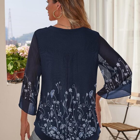 Women's Plus Size Tops Dressy Blouse Double Layers Mesh Shirt Ruffle 3/4 Flared - Picture 3 of 4